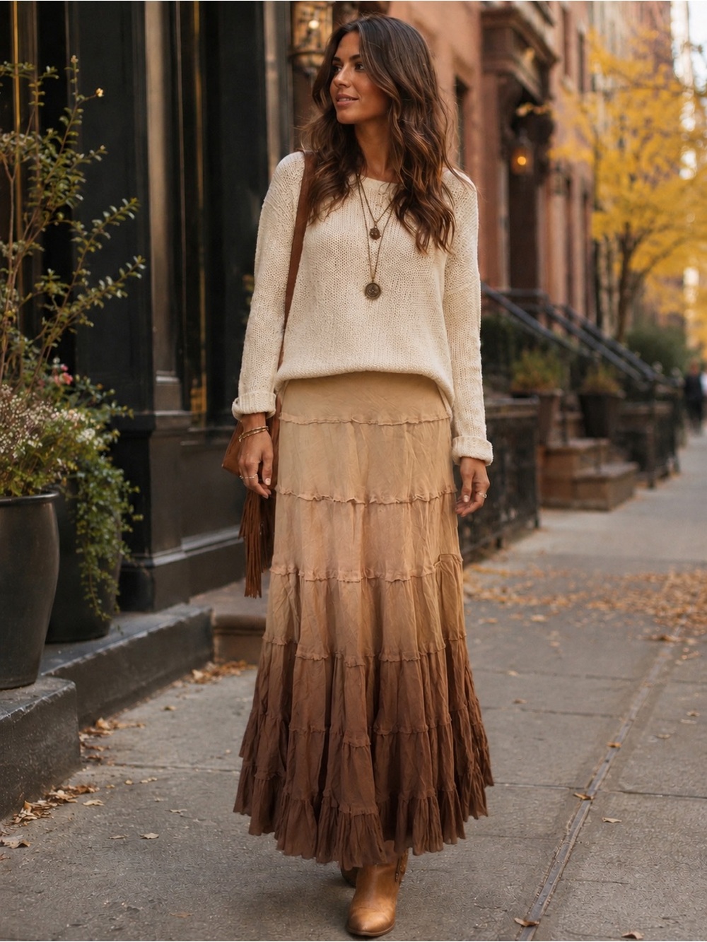 BARANDA Women's Y2K Tan Brown Ombre Tiered Low Rise Maxi Skirt L